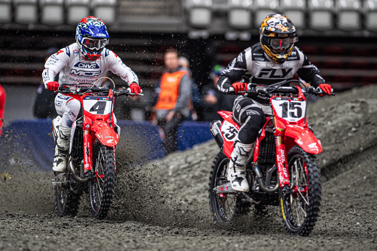 Vince Friese, MotoConcepts Racing rider, chasing after Fire Power Honda rider, Dean Wilson, during practice for the WSX Canadian GP