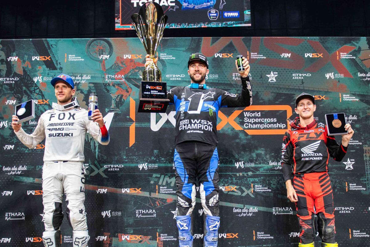 Eli Tomac, Ken Roczen and Joey Savatgy on the WSX podium